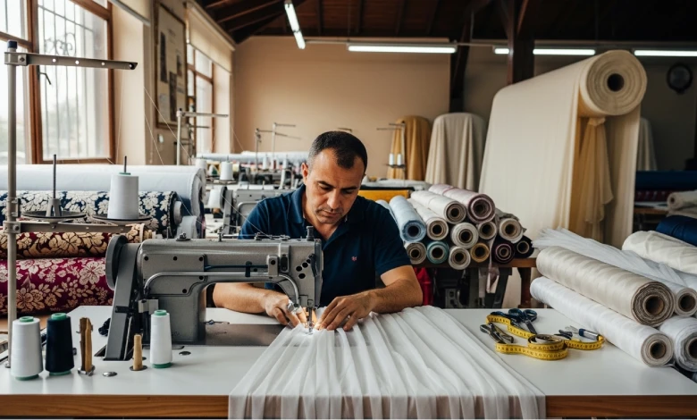 Erdemli'de bir perde dikim atölyesinde, usta bir terzinin dikiş makinesinde beyaz tül perde dikerken çekilmiş fotoğrafı. Arka planda çeşitli kumaş topları ve tekstil ekipmanları yer alıyor.